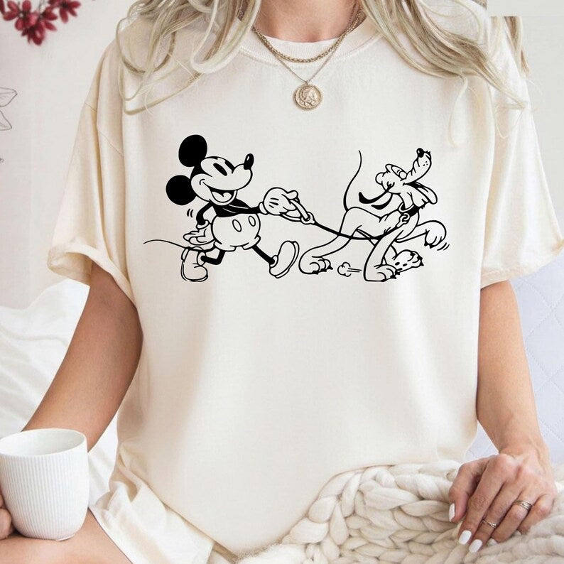 Mickey and Pluto Dog Walking Shirt, Comfort Colors Disney Tee, Classic Cartoon Graphic T-Shirt, Unisex Theme Park Outfit, Dog Lover Gift