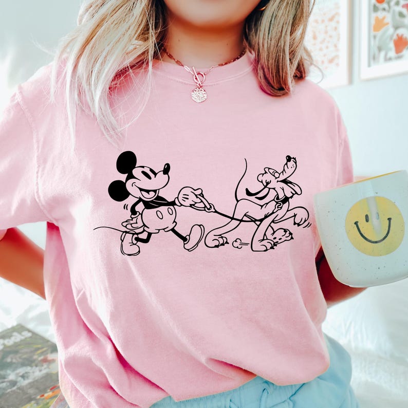 Mickey and Pluto Dog Walking Shirt, Comfort Colors Disney Tee, Classic Cartoon Graphic T-Shirt, Unisex Theme Park Outfit, Dog Lover Gift