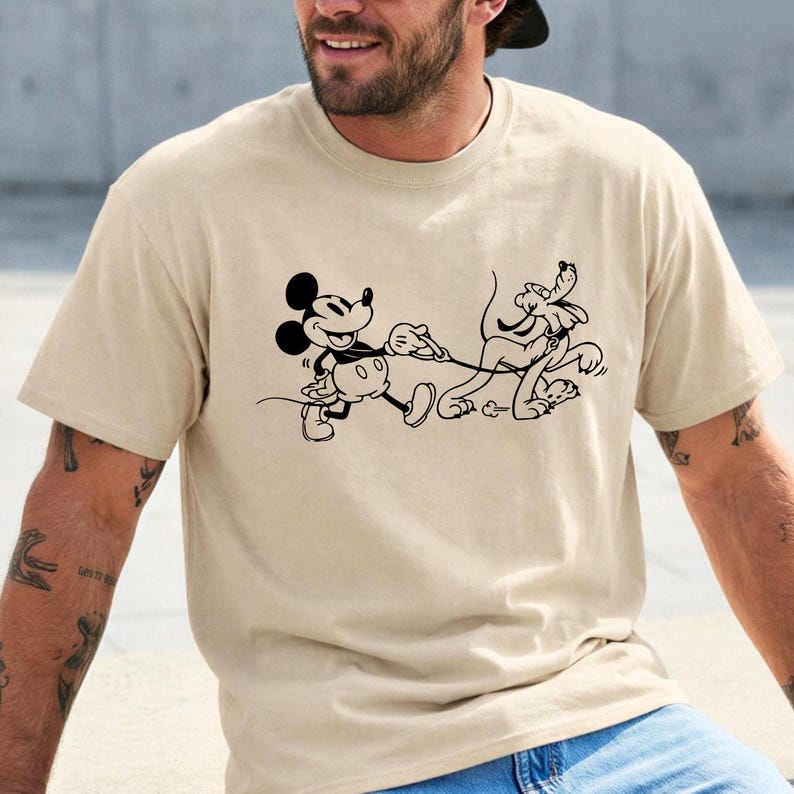 Mickey and Pluto Dog Walking T-Shirt, Classic Disney Cartoon Graphic Tee, Unisex Short Sleeve Shirt, Theme Park Outfit, Dog Lover Gift
