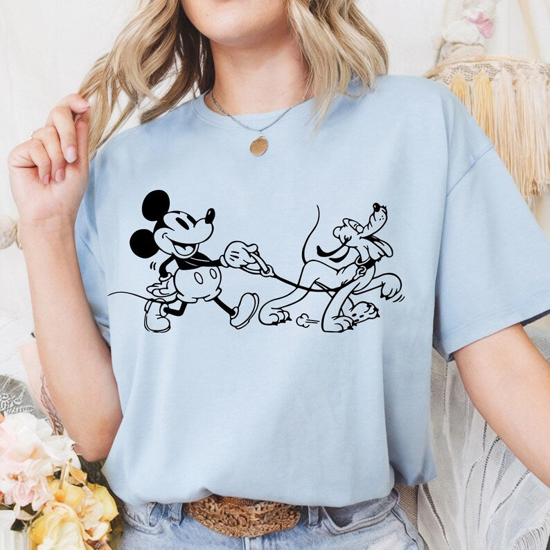 Mickey and Pluto Dog Walking T-Shirt, Classic Disney Cartoon Graphic Tee, Unisex Short Sleeve Shirt, Theme Park Outfit, Dog Lover Gift