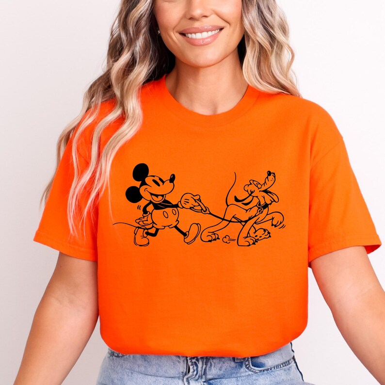 Mickey and Pluto Dog Walking T-Shirt, Classic Disney Cartoon Graphic Tee, Unisex Short Sleeve Shirt, Theme Park Outfit, Dog Lover Gift