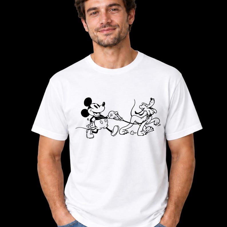 Mickey and Pluto Dog Walking T-Shirt, Classic Disney Cartoon Graphic Tee, Unisex Short Sleeve Shirt, Theme Park Outfit, Dog Lover Gift