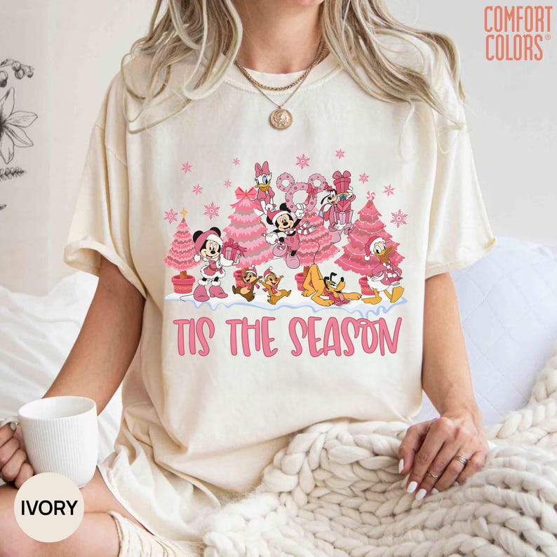 Comfort Colors® Disney Tis The Season Pink Christmas Shirt, Mickey Minnie Donald Daisy Pluto Shirt, Disney Christmas Women Shirt