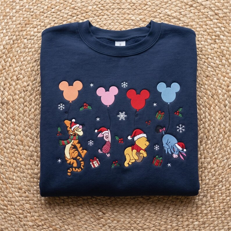 Winnie the Pooh Christmas Sweatshirt, Tigger Piglet Eeyore Mickey Balloons Holiday Embroidered Shirt, Disney Pooh Bear Xmas Crewneck Gifts