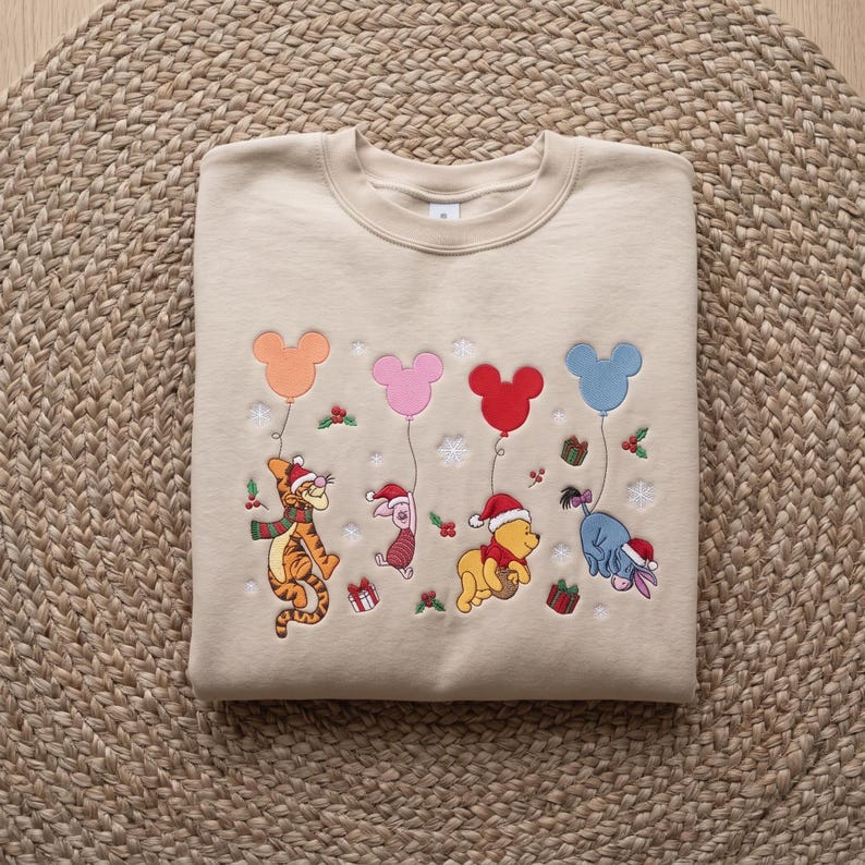 Winnie the Pooh Christmas Sweatshirt, Tigger Piglet Eeyore Mickey Balloons Holiday Embroidered Shirt, Disney Pooh Bear Xmas Crewneck Gifts
