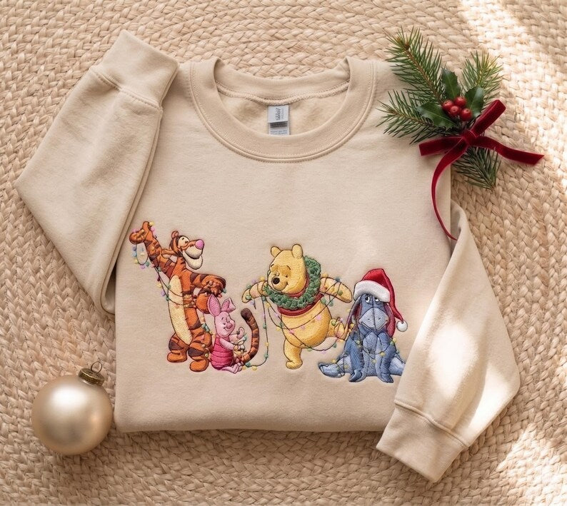 Winnie the Pooh Christmas Sweatshirt, Tigger Piglet Eeyore Embroidered Xmas Light Crewneck, Disney Pooh Bear Holiday Christmas Sweater Gift