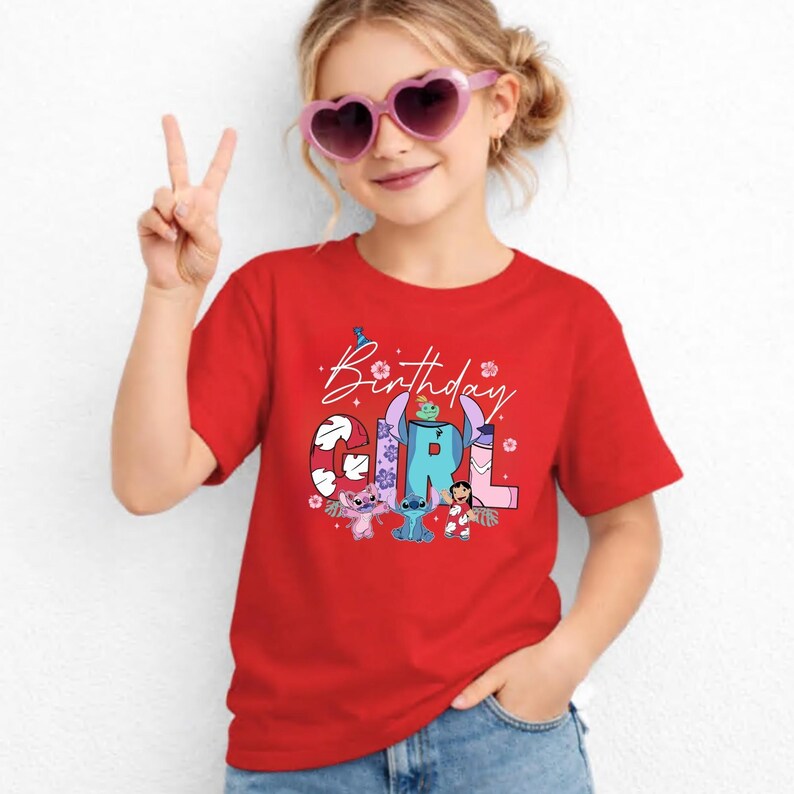 Disney Stitch Birthday Girl Shirt, Lilo Angel Custom Age Number Tee, Double Sided Birthday Girl Tops, Kids Theme Park Party Outfits