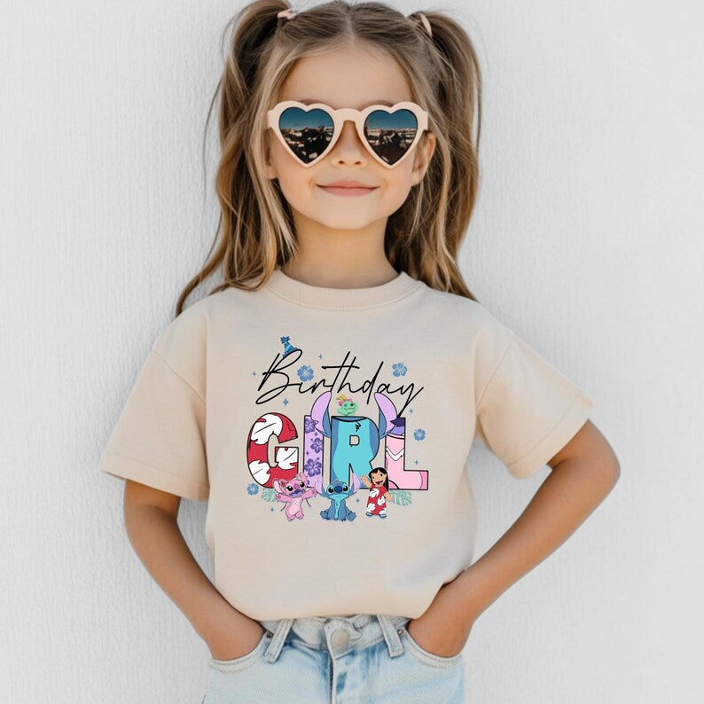 Disney Stitch Birthday Girl Shirt, Lilo Angel Custom Age Number Tee, Double Sided Birthday Girl Tops, Kids Theme Park Party Outfits