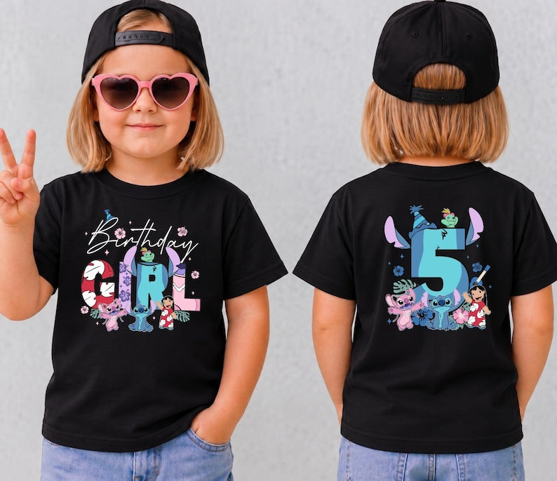 Disney Stitch Birthday Girl Shirt, Lilo Angel Custom Age Number Tee, Double Sided Birthday Girl Tops, Kids Theme Park Party Outfits