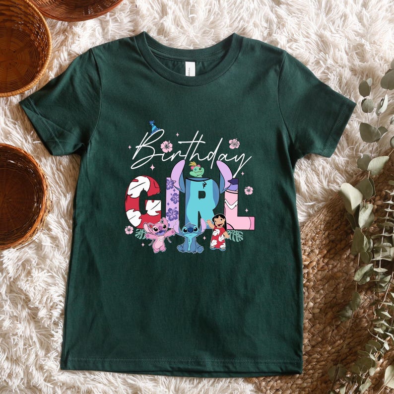 Disney Stitch Birthday Girl Shirt, Lilo Angel Custom Age Number Tee, Double Sided Birthday Girl Tops, Kids Theme Park Party Outfits