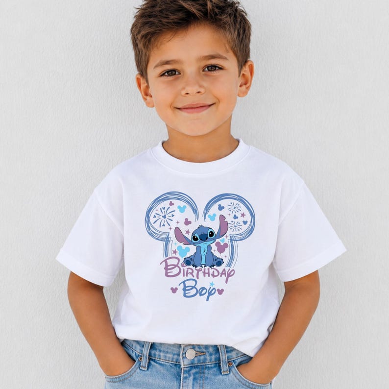 Disney Stitch Birthday Boy Girl Shirt, Cute Angel Ears Fireworks Tee, Matching Sibling Party Tops, Kids Magical Theme Park Shirts