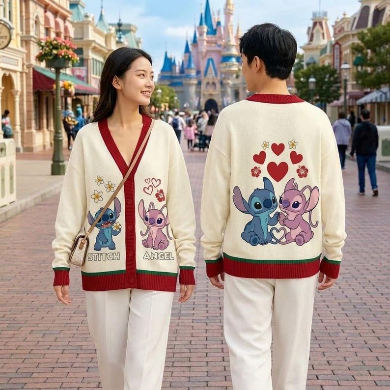 Disney Custom Name Stitch and Angel Heart Cardigan, Disney Lilo Stitch Love Knitted V Neck Sweater, Red Hearts Couple Oversized Coat