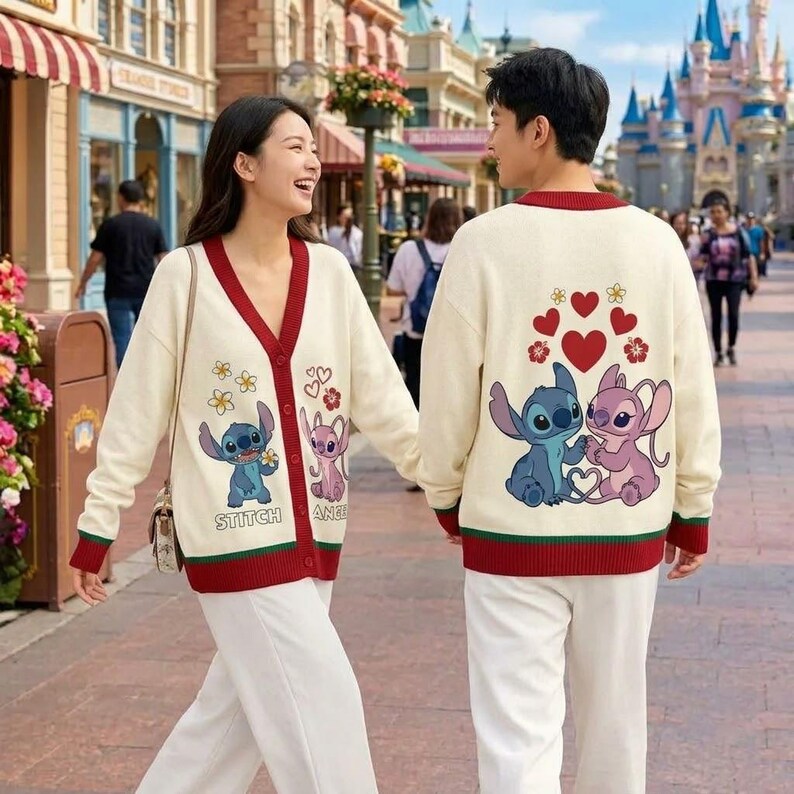 Disney Custom Name Stitch and Angel Heart Cardigan, Disney Lilo Stitch Love Knitted V Neck Sweater, Red Hearts Couple Oversized Coat