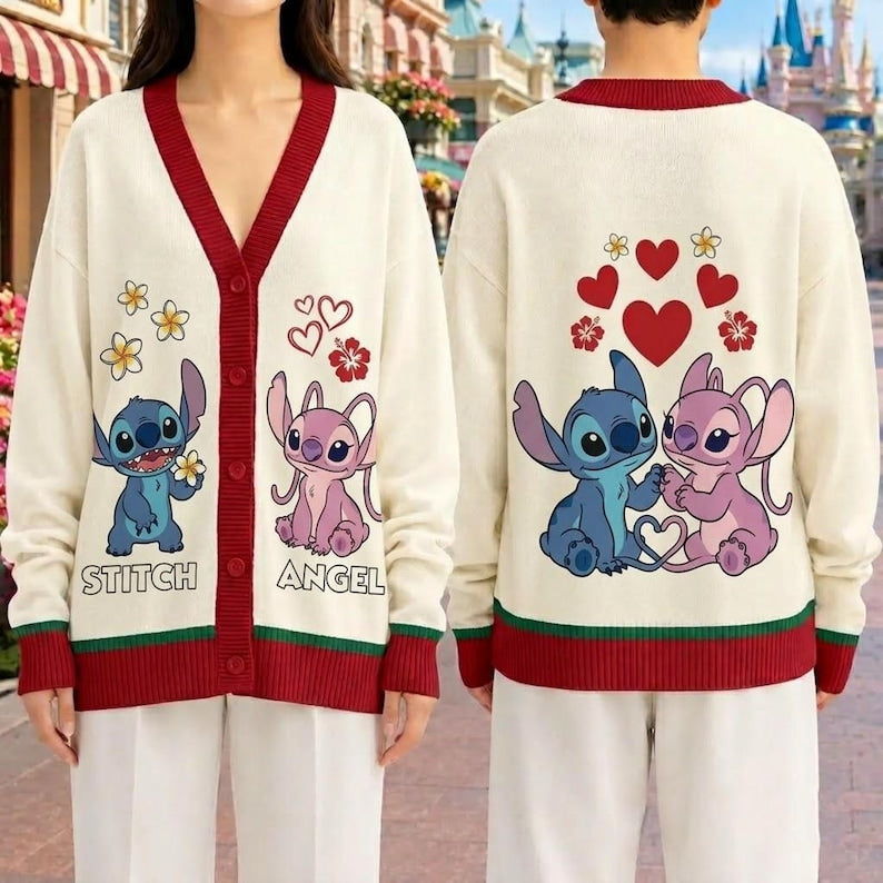Disney Custom Name Stitch and Angel Heart Cardigan, Disney Lilo Stitch Love Knitted V Neck Sweater, Red Hearts Couple Oversized Coat
