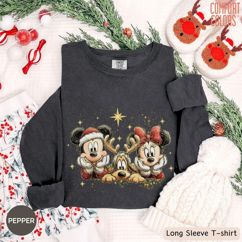 Comfort Colors® Disney Christmas Long Sleeve Tshirt, Mickey Minnie Pluto Holiday Shirt, Disney Family Trip 2026 Matching Outfit