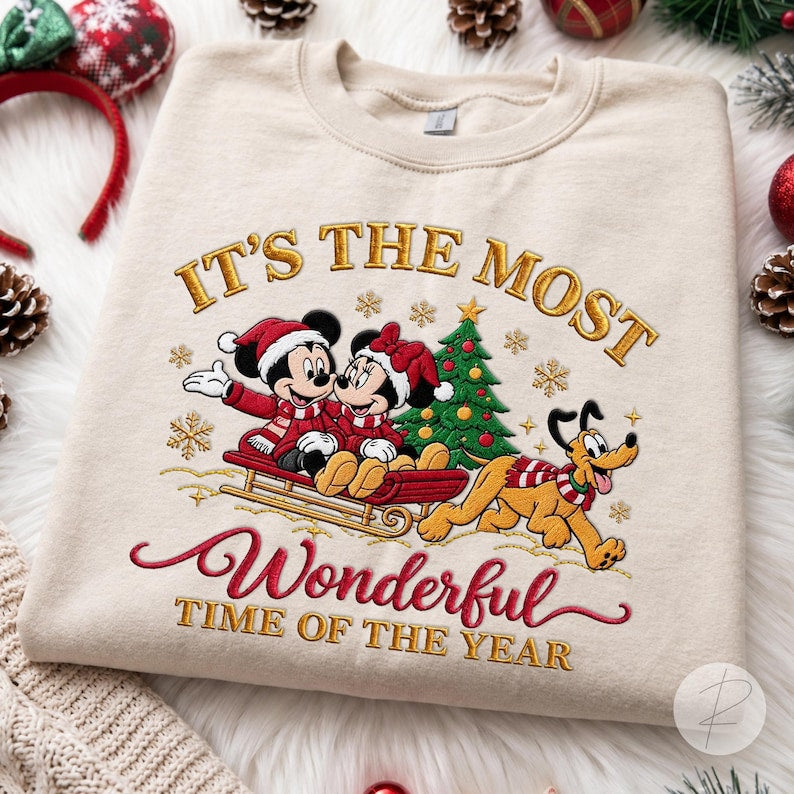 Custom Embroidered Mickey Minnie Sleigh Ride Christmas Sweatshirt, Pluto Dog Lover Lapel, Mouse And Friends Christmas Shirt, Holiday Trip