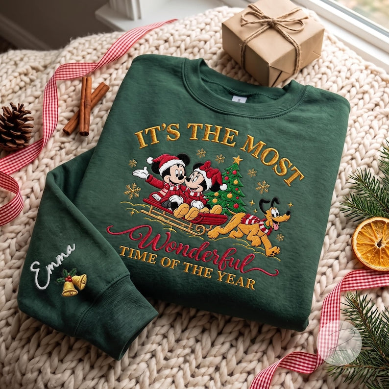 Custom Embroidered Mickey Minnie Sleigh Ride Christmas Sweatshirt, Pluto Dog Lover Lapel, Mouse And Friends Christmas Shirt, Holiday Trip