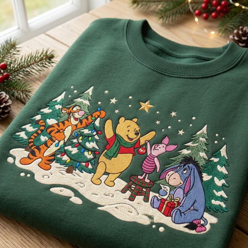 Pooh Tigger Piglet Eeyore Christmas Sweatshirt, Embroidered Holiday Crewneck, Hundred Acre Wood Winter Scene, Disney Christmas Gift