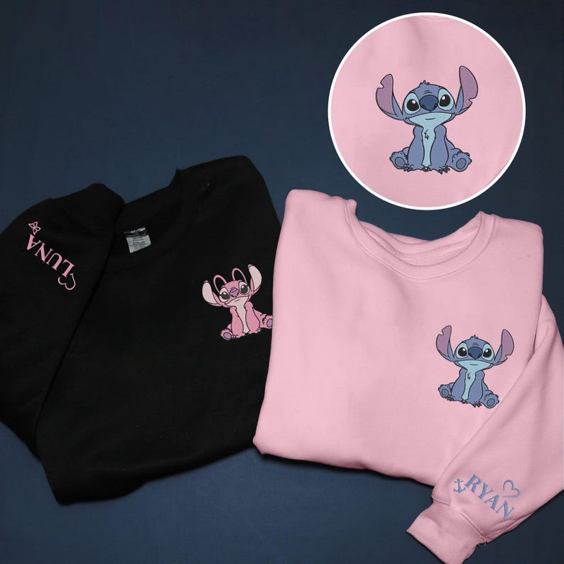 Personalized Stitch and Angel Embroidered Sweatshirt, Disney Couple Embroidery Hoodie, Matching Embroidery Shirt, Custom Name Sleeve, Gifts