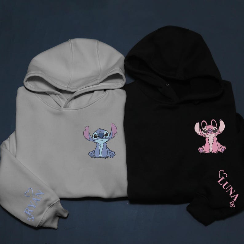 Personalized Stitch and Angel Embroidered Sweatshirt, Disney Couple Embroidery Hoodie, Matching Embroidery Shirt, Custom Name Sleeve, Gifts