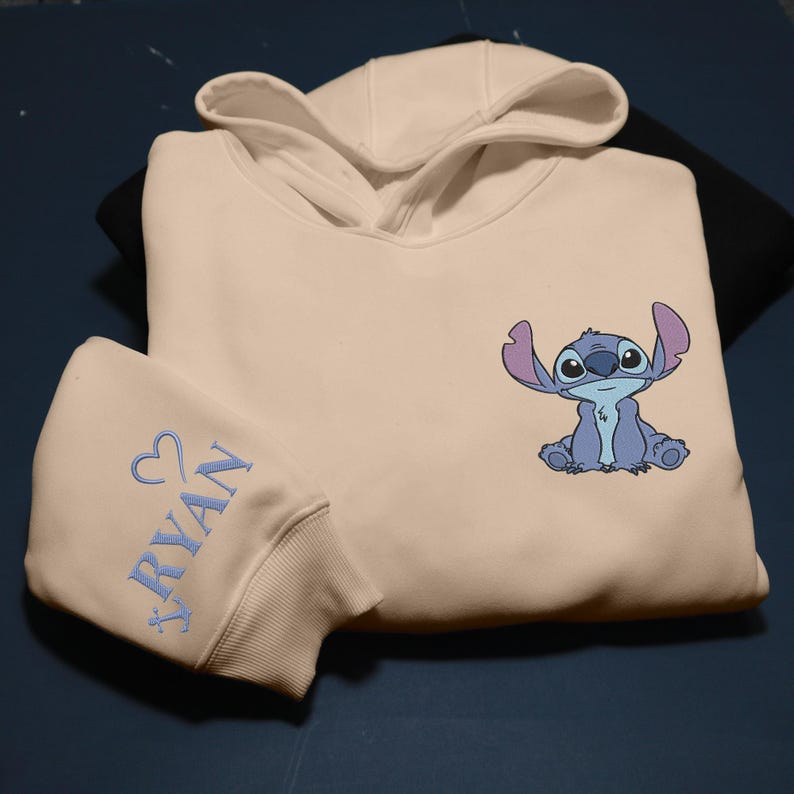Personalized Stitch and Angel Embroidered Sweatshirt, Disney Couple Embroidery Hoodie, Matching Embroidery Shirt, Custom Name Sleeve, Gifts