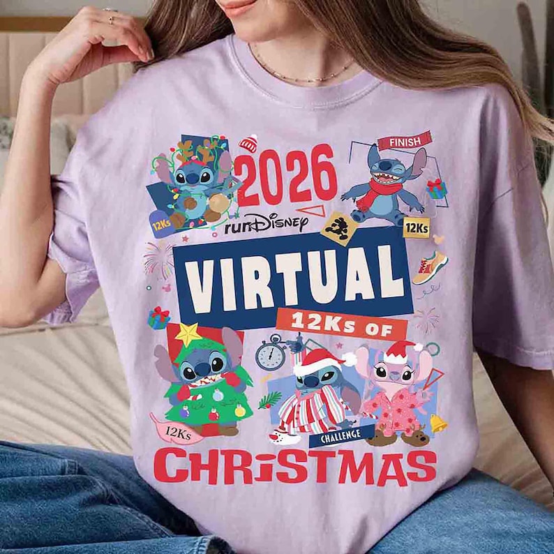 runDisney Virtual 12Ks of Christmas Challenge Shirt, Lilo & Stitch WDW Running Xmas 2026 Shirt, Dissney Stitch Angel Christmas Runner 4K Tee