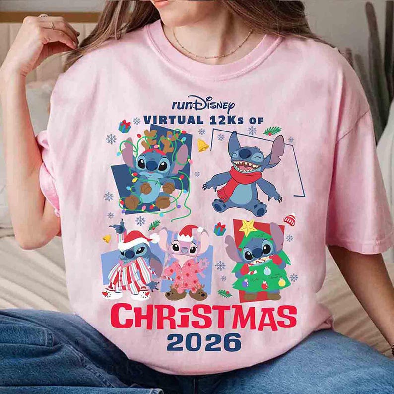 runDisney Virtual 12Ks of Christmas Challenge Shirt, Lilo & Stitch WDW Running Xmas 2026 Shirt, Dissney Stitch Angel Christmas Runner 4K Tee