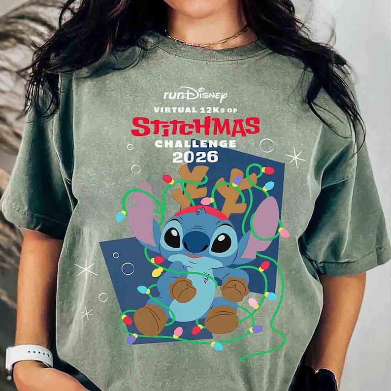 runDisney Virtual 12Ks of Christmas Challenge Shirt, Lilo & Stitch WDW Running Xmas 2026 Shirt, Dissney Stitch Angel Christmas Runner 4K Tee