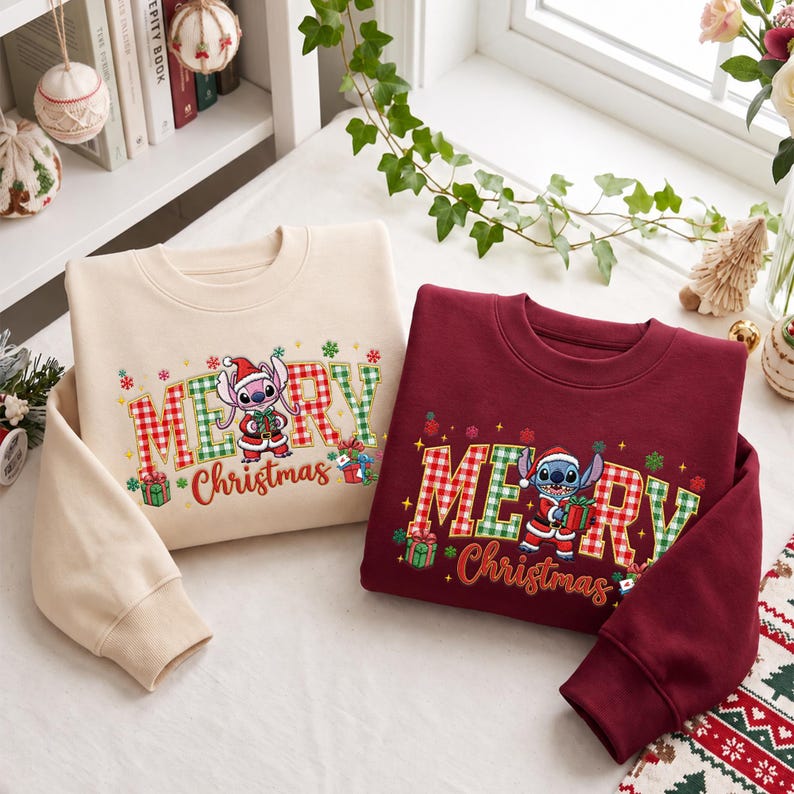 Embroidered Stitch Angel Sweatshirt, Disney Christmas Couple Shirts, Matching Disneyland Xmas Trip Hoodie, Newlywed Holiday Gift