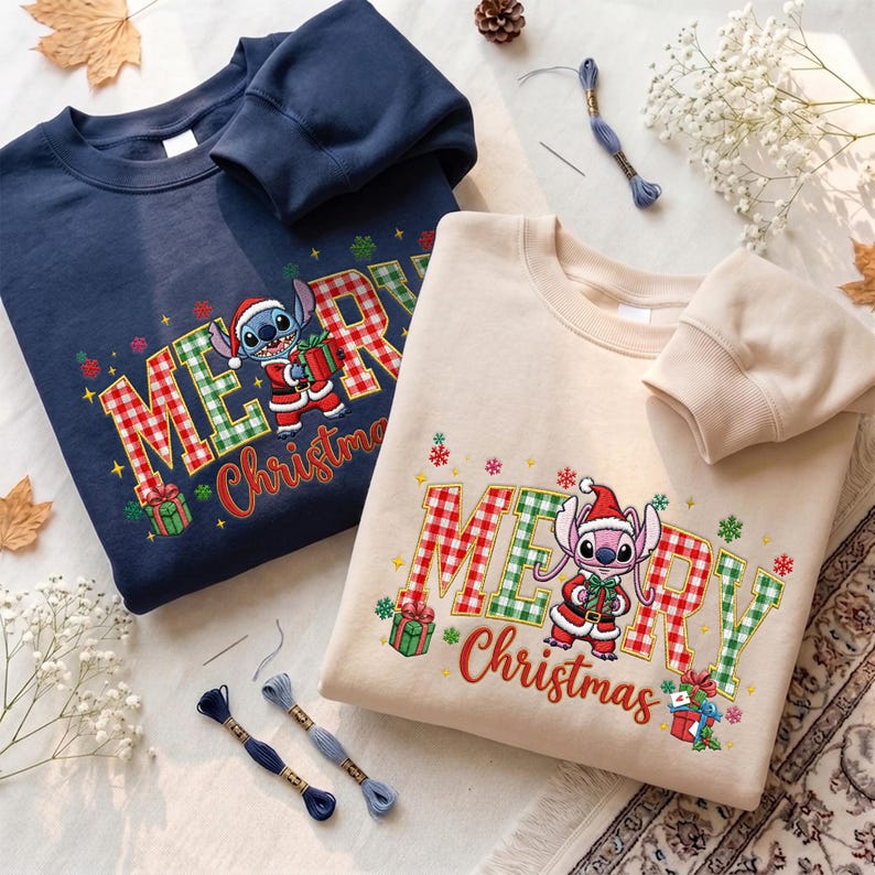 Embroidered Stitch Angel Sweatshirt, Disney Christmas Couple Shirts, Matching Disneyland Xmas Trip Hoodie, Newlywed Holiday Gift
