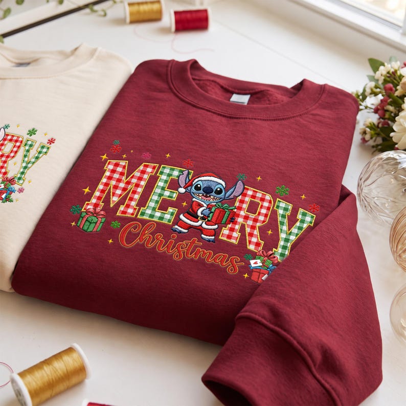 Embroidered Stitch Angel Sweatshirt, Disney Christmas Couple Shirts, Matching Disneyland Xmas Trip Hoodie, Newlywed Holiday Gift