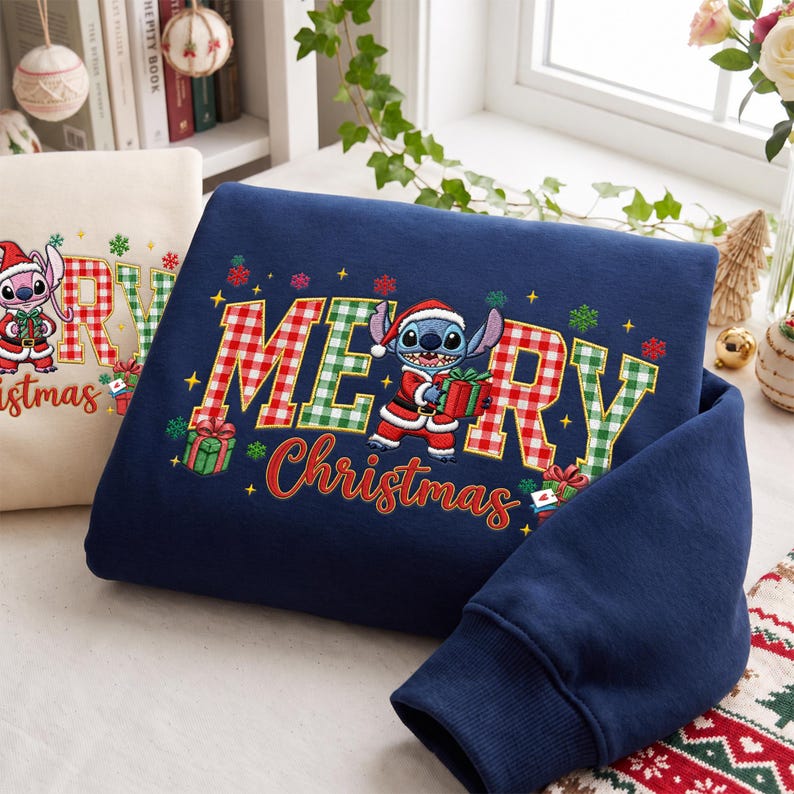 Embroidered Stitch Angel Sweatshirt, Disney Christmas Couple Shirts, Matching Disneyland Xmas Trip Hoodie, Newlywed Holiday Gift