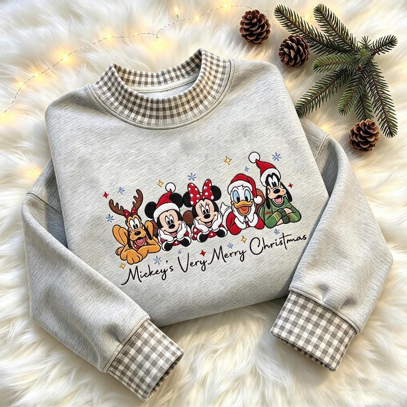 Disney Mickey's Very Merry Christmas Embroidered Sweatshirt, Mickey Minnie Pluto Donald Goofy Gingham Mock Neck Crewneck, Family Xmas Trip