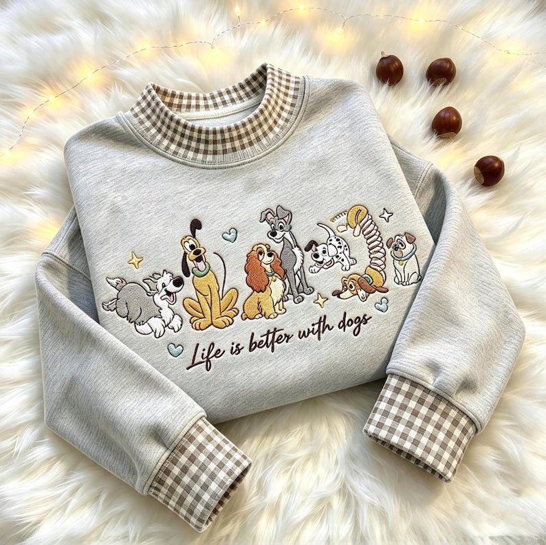 Disney Dogs Life Is Better With Dogs Embroidered Sweatshirt, Pluto Lady and Tramp Gingham Mock Neck Crewneck, Dog Mom Gift