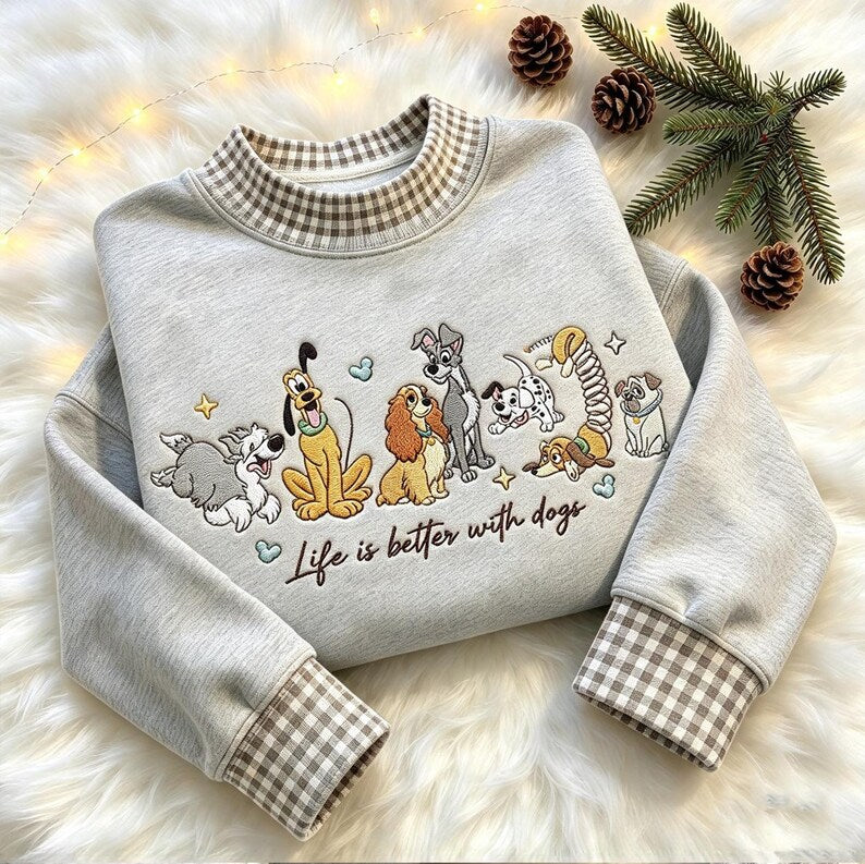 Disney Dogs Life Is Better With Dogs Embroidered Sweatshirt, Pluto Lady and Tramp Gingham Mock Neck Crewneck, Dog Mom Gift