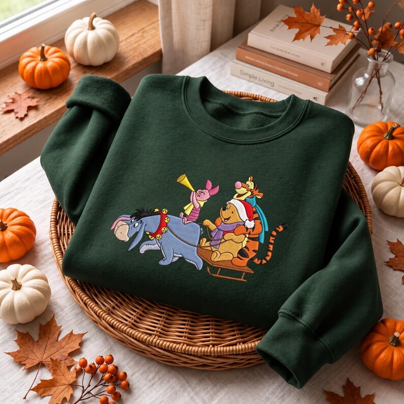 Embroidered Winnie the Pooh Christmas Sweatshirt, Pooh and Friends Holiday Crewneck, Eeyore Tigger Piglet Christmas Sweater, Disney Gift
