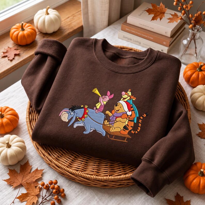 Embroidered Winnie the Pooh Christmas Sweatshirt, Pooh and Friends Holiday Crewneck, Eeyore Tigger Piglet Christmas Sweater, Disney Gift