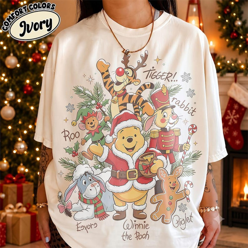 Vintage Winnie the Pooh Christmas Comfort Colors Shirt, Pooh and Friends Signature Holiday Tee, Retro Disney Family Matching Xmas Sweatshirt