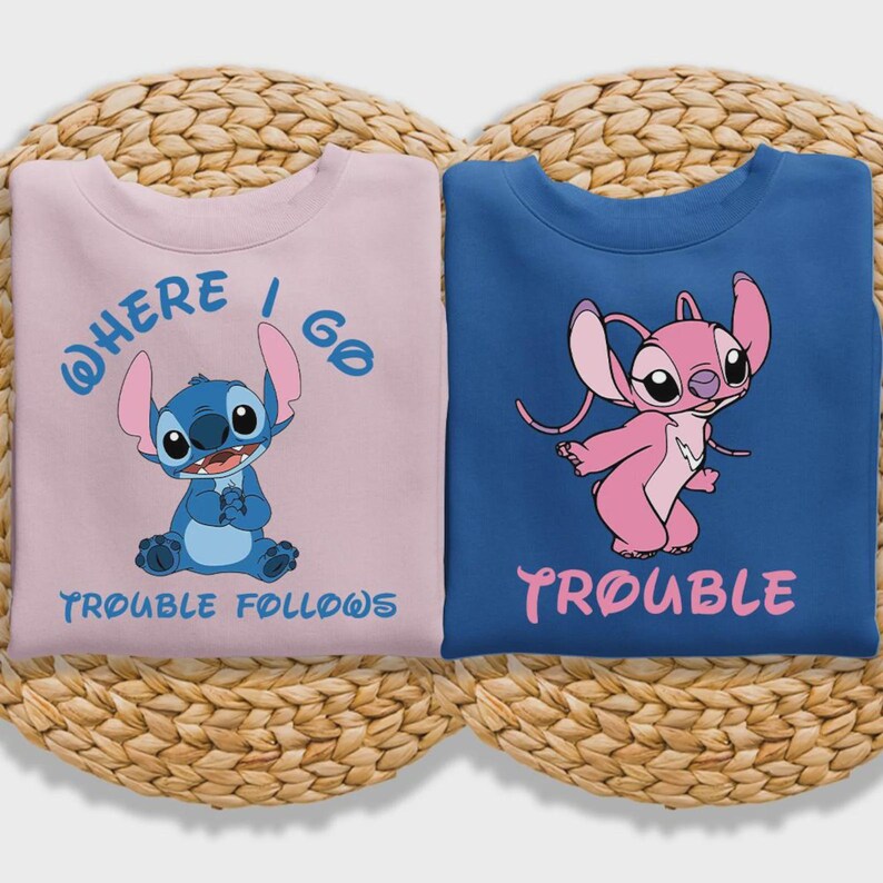 Disney Stitch and Angel Couple Shirt, Where I Go Trouble Follows Shirt, Disney Couple Matching Shirts, Disney Mr And Mrs Shirt