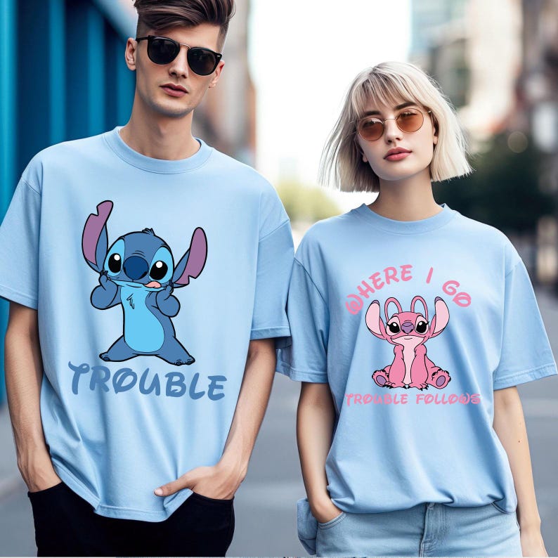 Disney Stitch and Angel Couple Shirt, Where I Go Trouble Follows Shirt, Disney Couple Matching Shirts, Disney Mr And Mrs Shirt