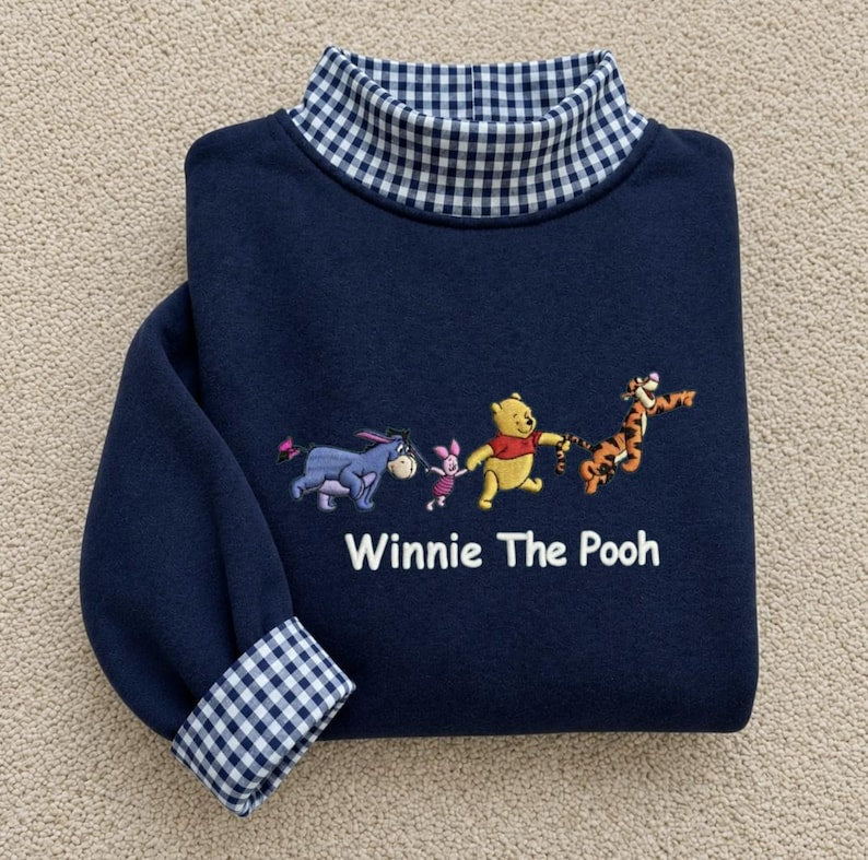 Winnie The Pooh Embroidered Sweatshirt, Disney Eeyore Piglet Tigger Crewneck, Pooh Bear Gingham Sweater, Hundred Acre Wood Disney Park Gift