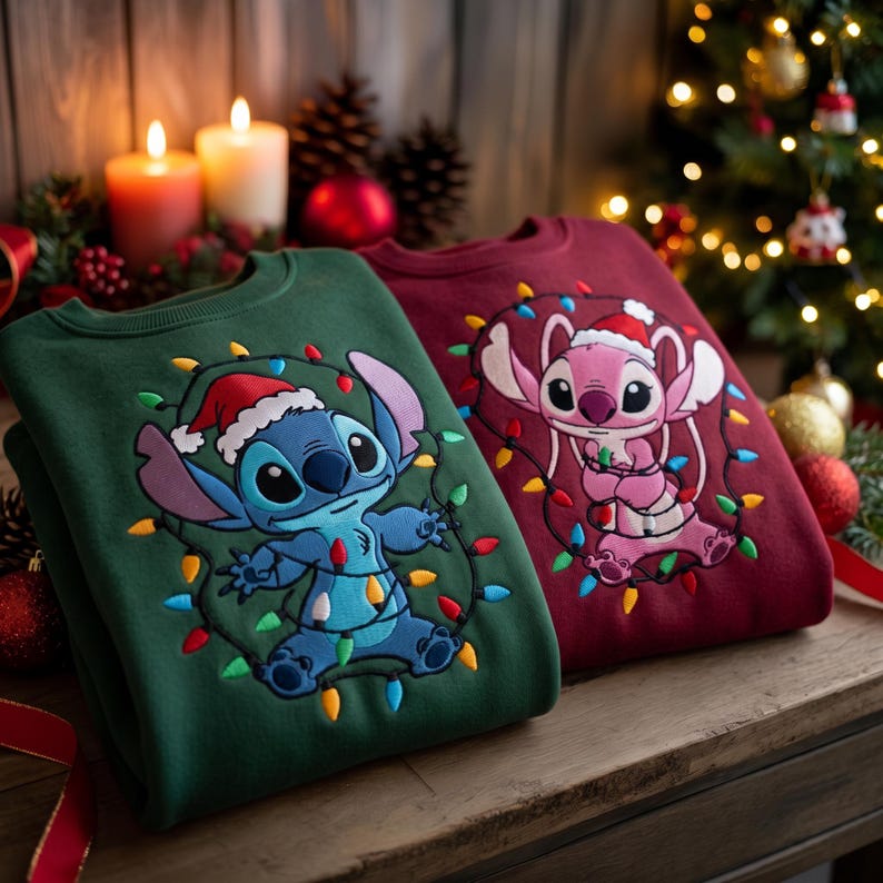 Embroidered Stitch and Angel Christmas Sweatshirt, Disney Christmas Lights Shirt, Disney Santa Couple Hoodie, Disneyland Holiday Outfit