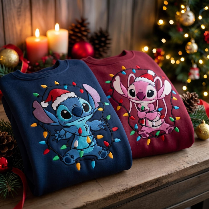 Embroidered Stitch and Angel Christmas Sweatshirt, Disney Christmas Lights Shirt, Disney Santa Couple Hoodie, Disneyland Holiday Outfit