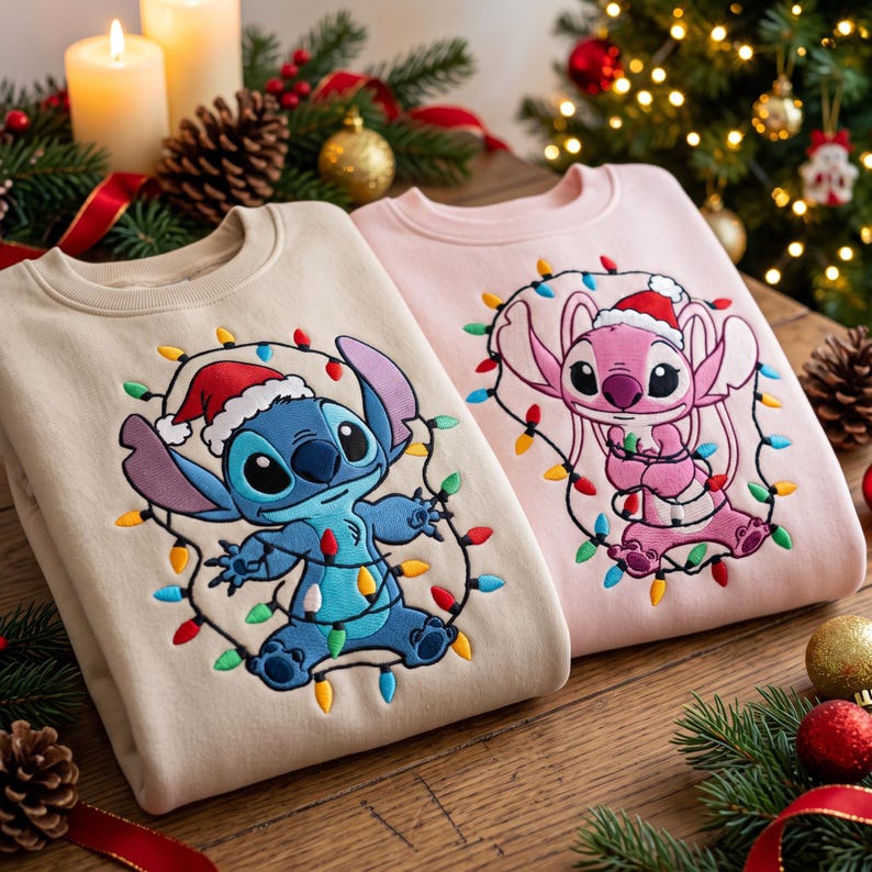 Embroidered Stitch and Angel Christmas Sweatshirt, Disney Christmas Lights Shirt, Disney Santa Couple Hoodie, Disneyland Holiday Outfit