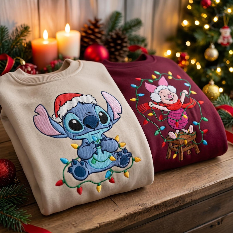 Embroidered Stitch and Piglet Christmas Sweatshirt, Disney Christmas Lights Shirt, Disney Santa Stitch Hoodie, Disneyland Holiday Outfit