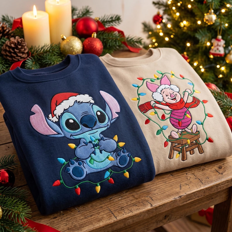 Embroidered Stitch and Piglet Christmas Sweatshirt, Disney Christmas Lights Shirt, Disney Santa Stitch Hoodie, Disneyland Holiday Outfit