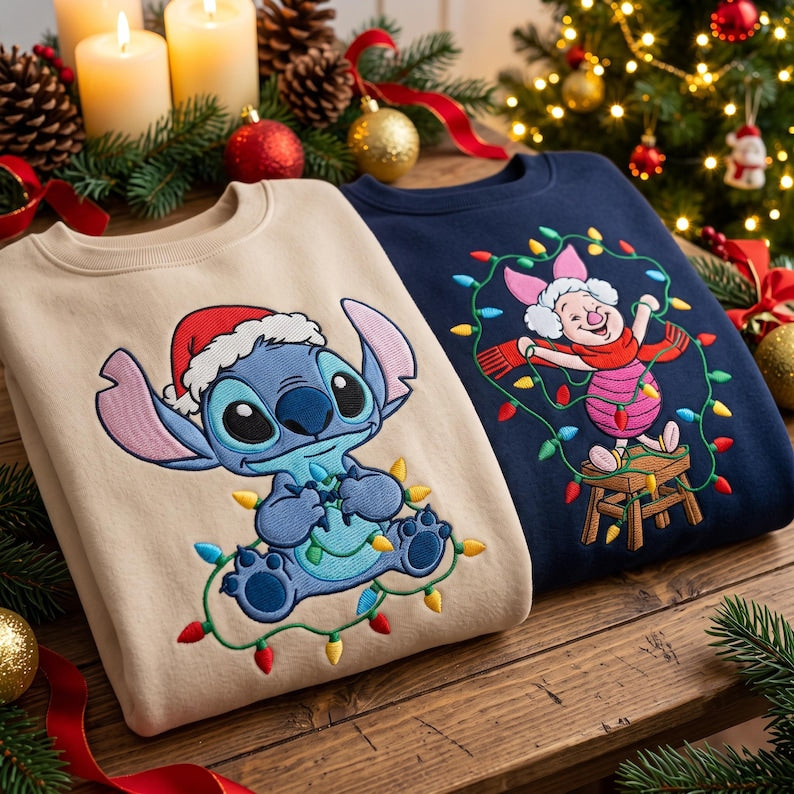 Embroidered Stitch and Piglet Christmas Sweatshirt, Disney Christmas Lights Shirt, Disney Santa Stitch Hoodie, Disneyland Holiday Outfit
