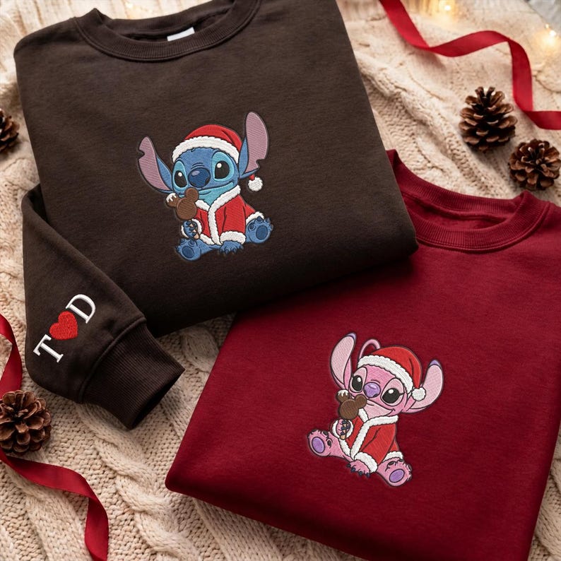 Custom Embroidered Stitch and Angel Sweatshirt, Mickey Ears Ice Cream Christmas Tee, Disney Cute Couples Christmas Stitch Angel Christmas