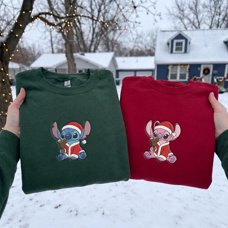 Custom Embroidered Stitch and Angel Sweatshirt, Mickey Ears Ice Cream Christmas Tee, Disney Cute Couples Christmas Stitch Angel Christmas