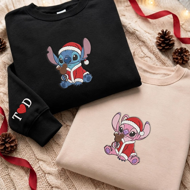 Custom Embroidered Stitch and Angel Sweatshirt, Mickey Ears Ice Cream Christmas Tee, Disney Cute Couples Christmas Stitch Angel Christmas